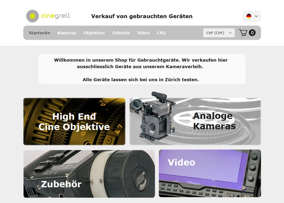 Web Shop gebrauchte Geräte Kamerarental Cinegrell Zürich Schweiz